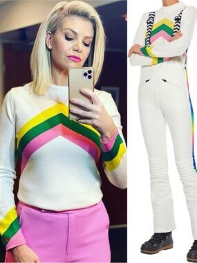 Perfect Moment Chevron Colorblock Merino Wool Crewneck Sweater Cream Green Pink